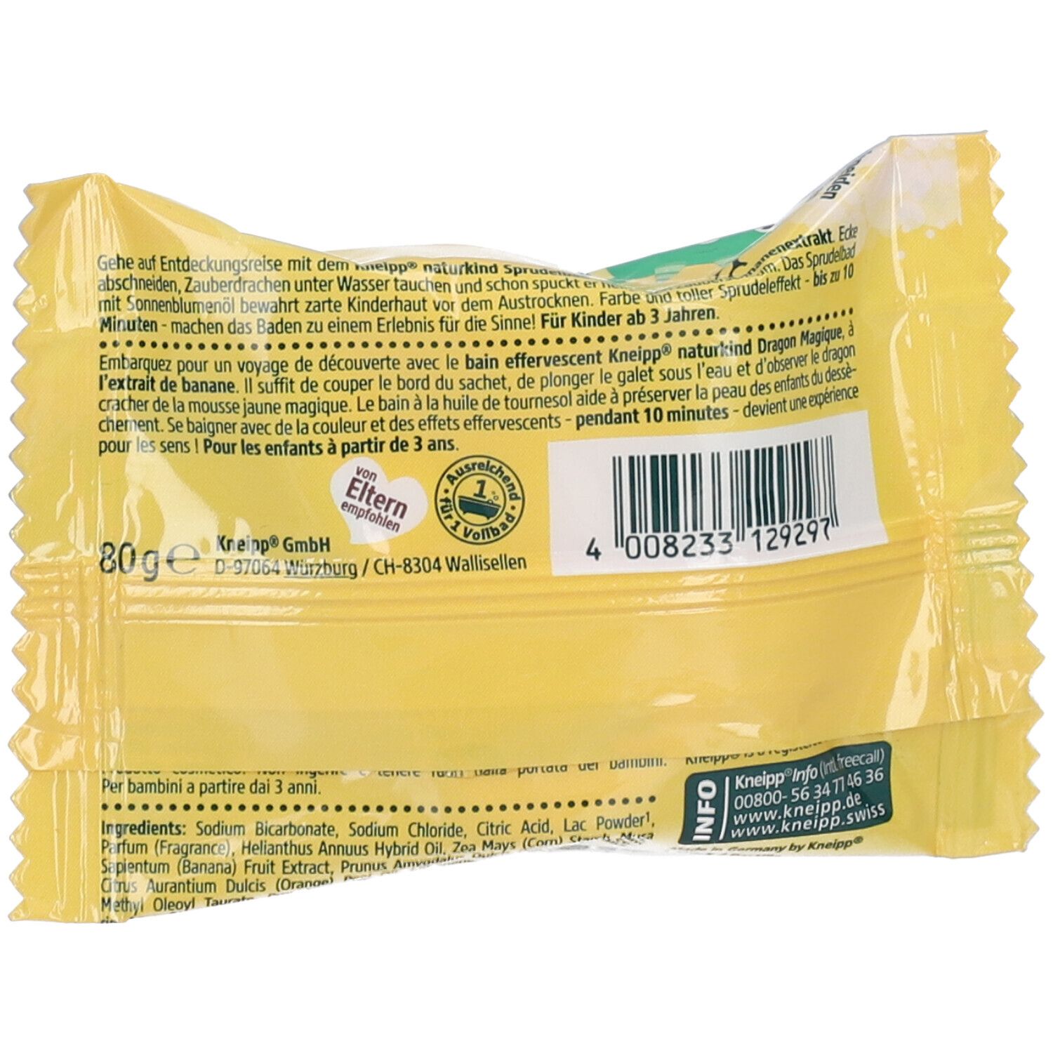 Dos de l'emballage jaune. Texte: Kneipp, Zauberdrache Sprudelbad. Ingrédients, code-barres, âge, Naturkompetenz.