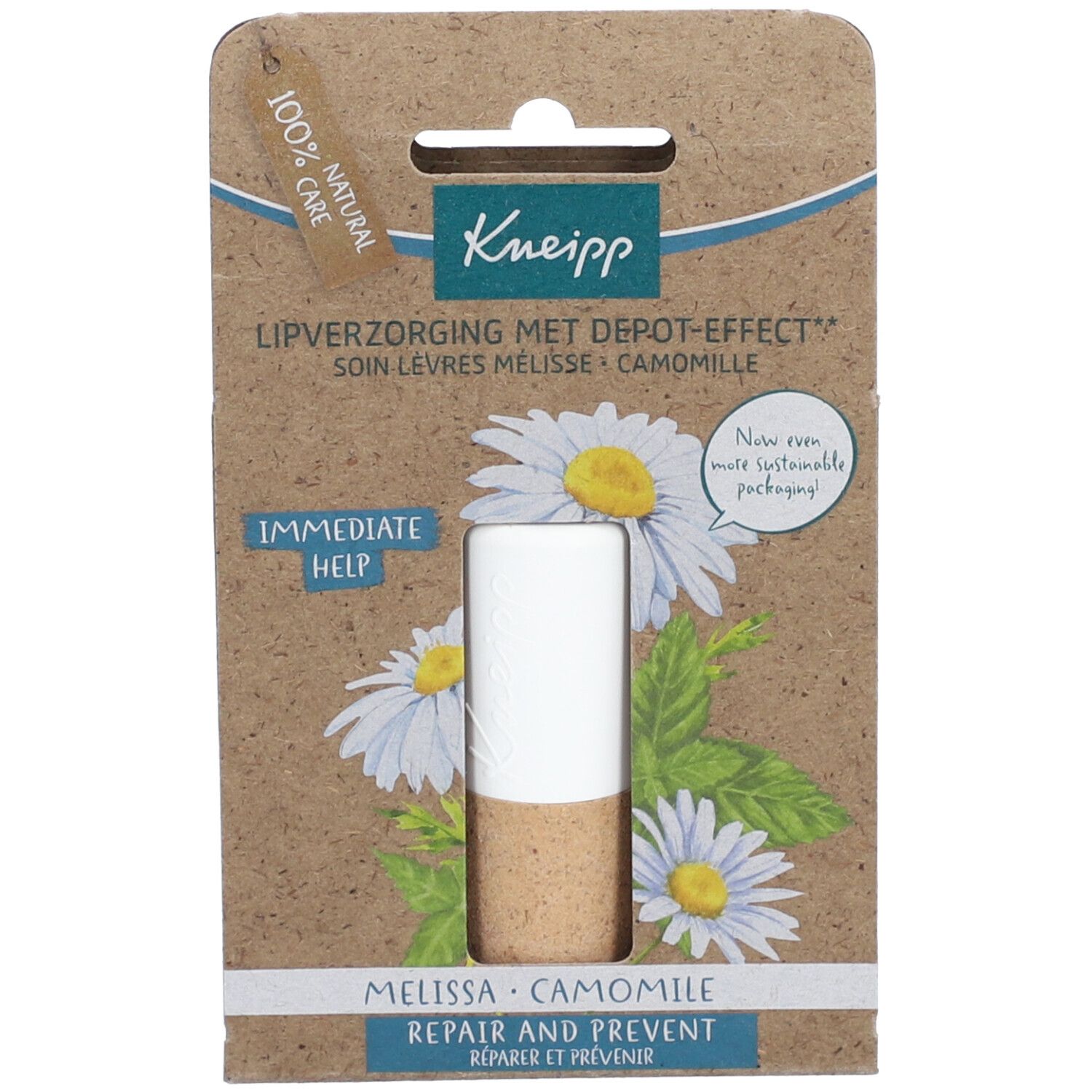 Lippenverzorging in kartonnen verpakking. Witte stick met bruine basis. Opschrift: Kneipp, Soin lèvres mélisse camomille.