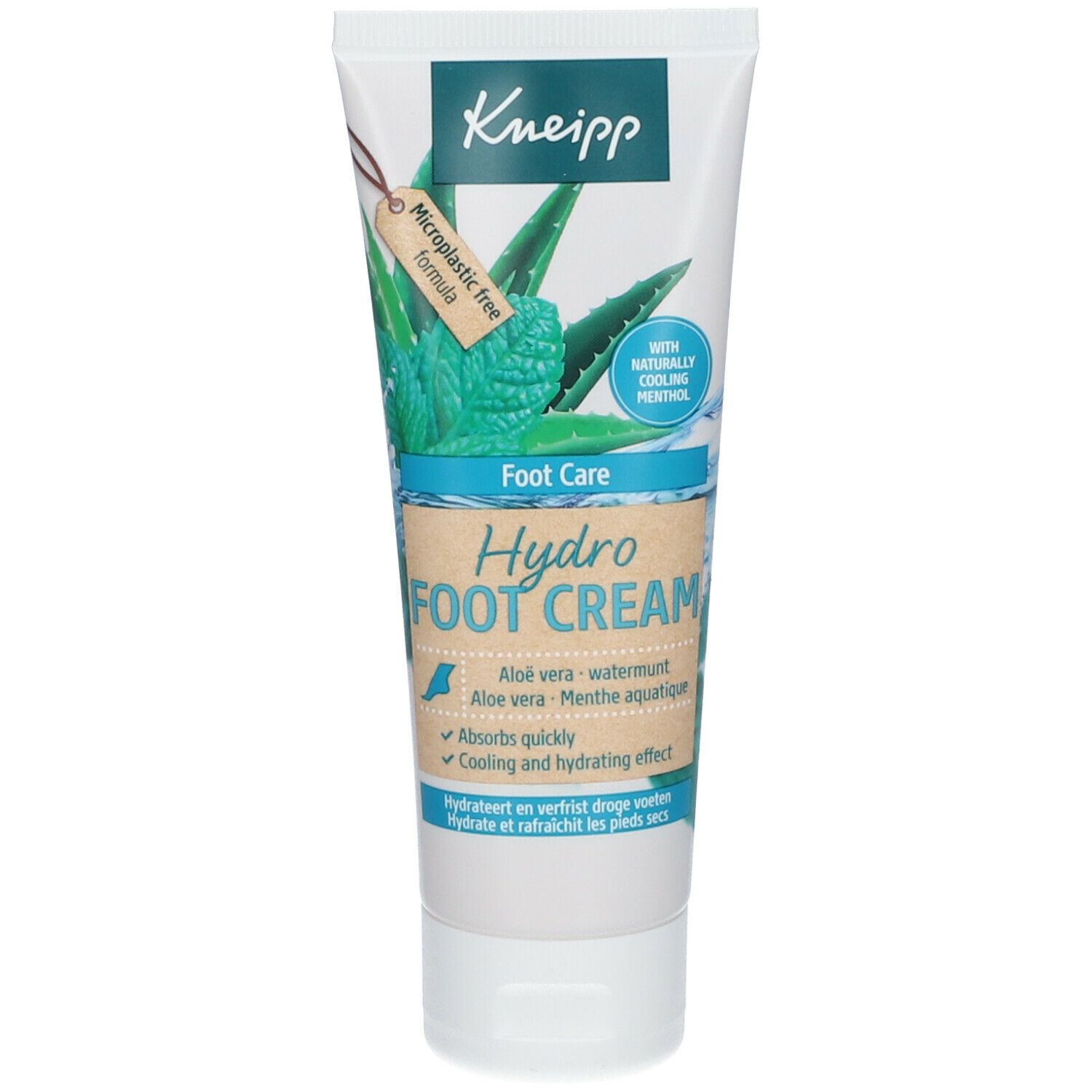 Tube de crème pour les pieds avec aloe vera et menthe. Texte: Hydro Foot Cream, formule sans microplastiques, menthol rafraîchissant naturel.