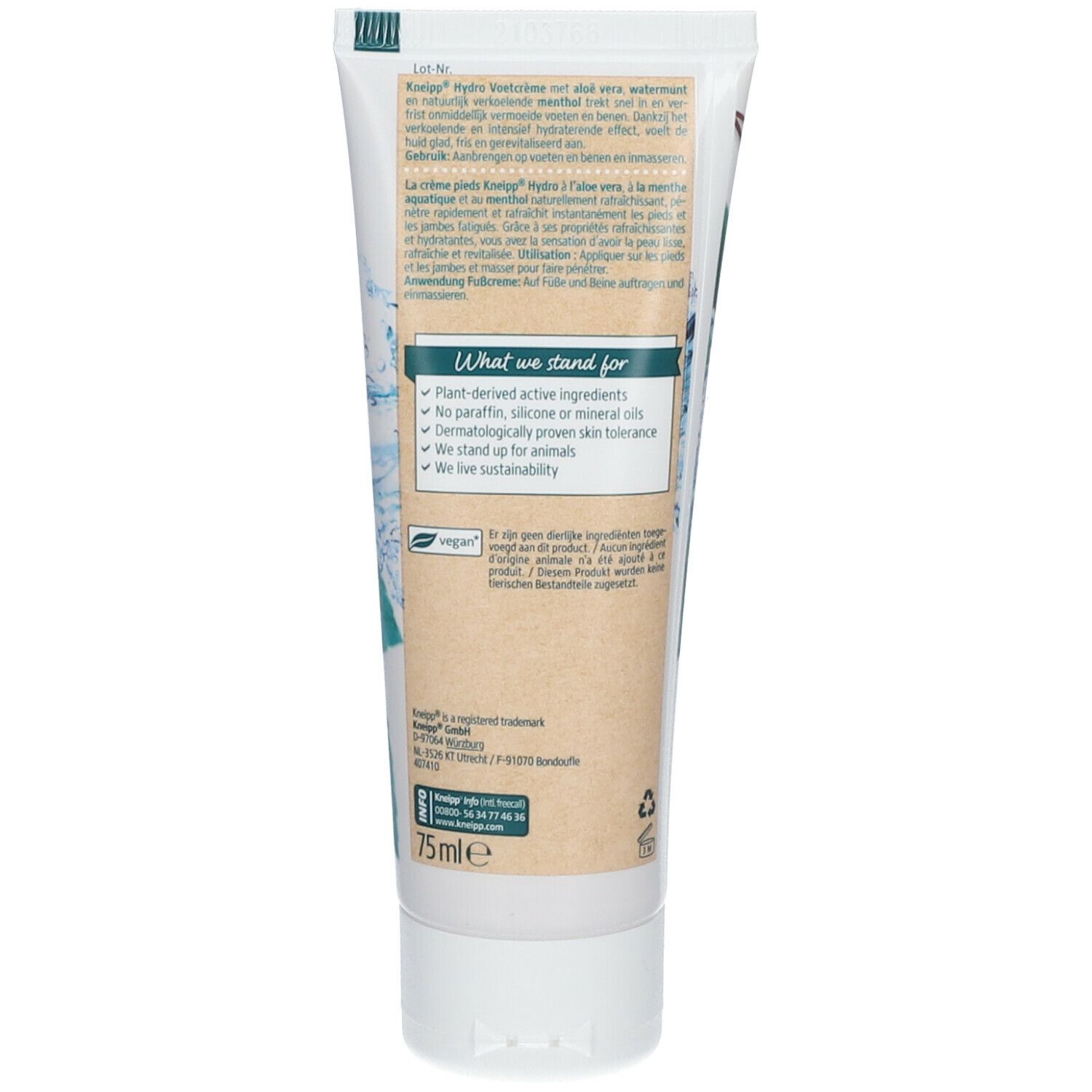 Dos du tube de crème. Texte: Ingrédients, mode d'emploi, logo vegan, 75ml.