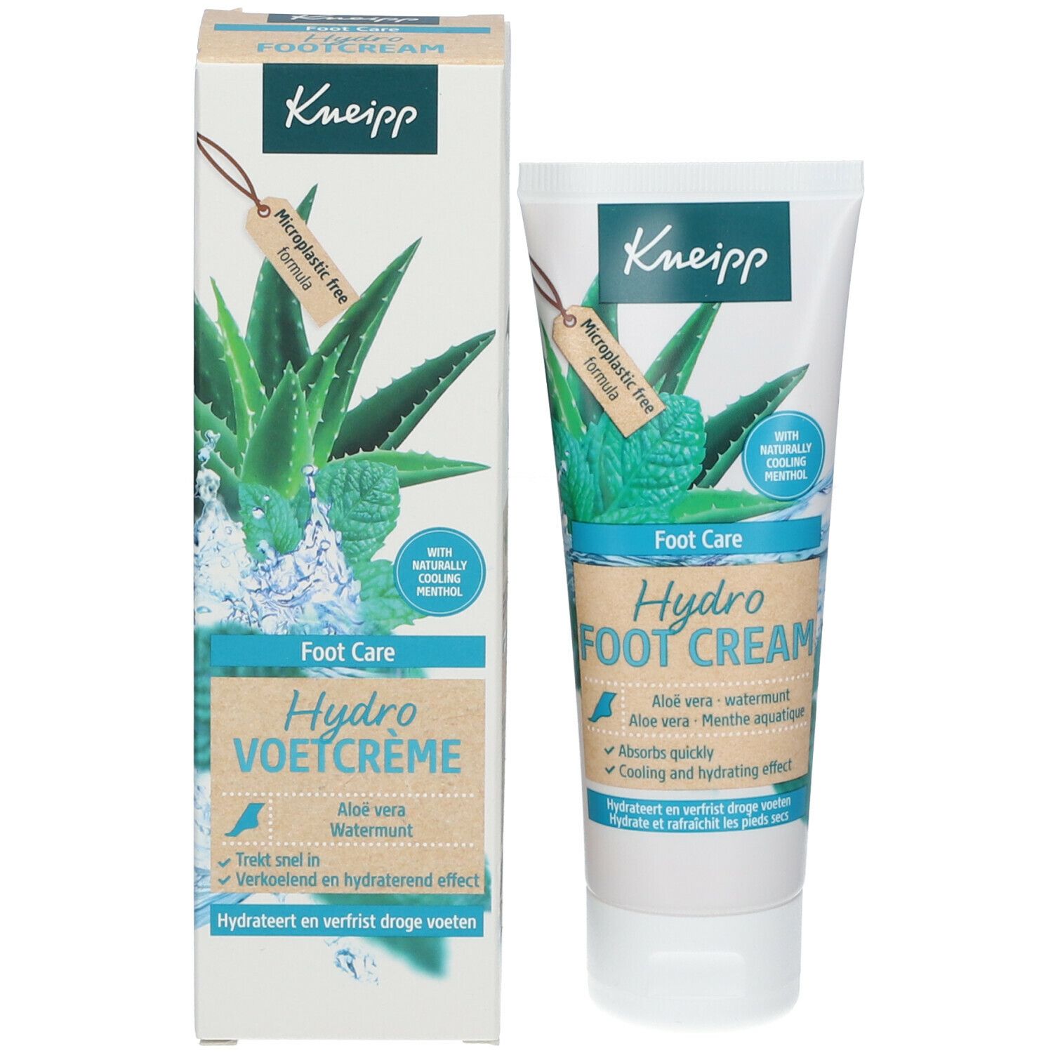 Emballage du produit avec tube. Texte: Kneipp, Hydro Voetcrème, Aloe vera, Watermunt, formule sans microplastiques, menthol rafraîchissant naturel.