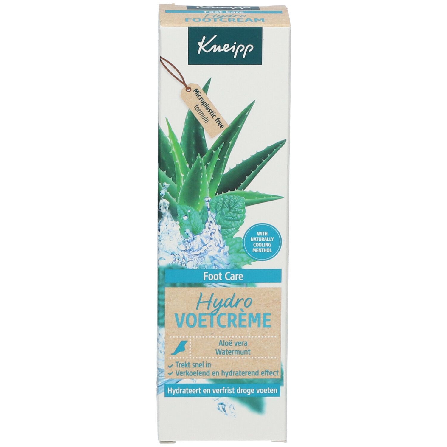 Emballage du produit. Texte: Kneipp, Hydro Voetcrème, Aloe vera, Watermunt, formule sans microplastiques, menthol rafraîchissant naturel.