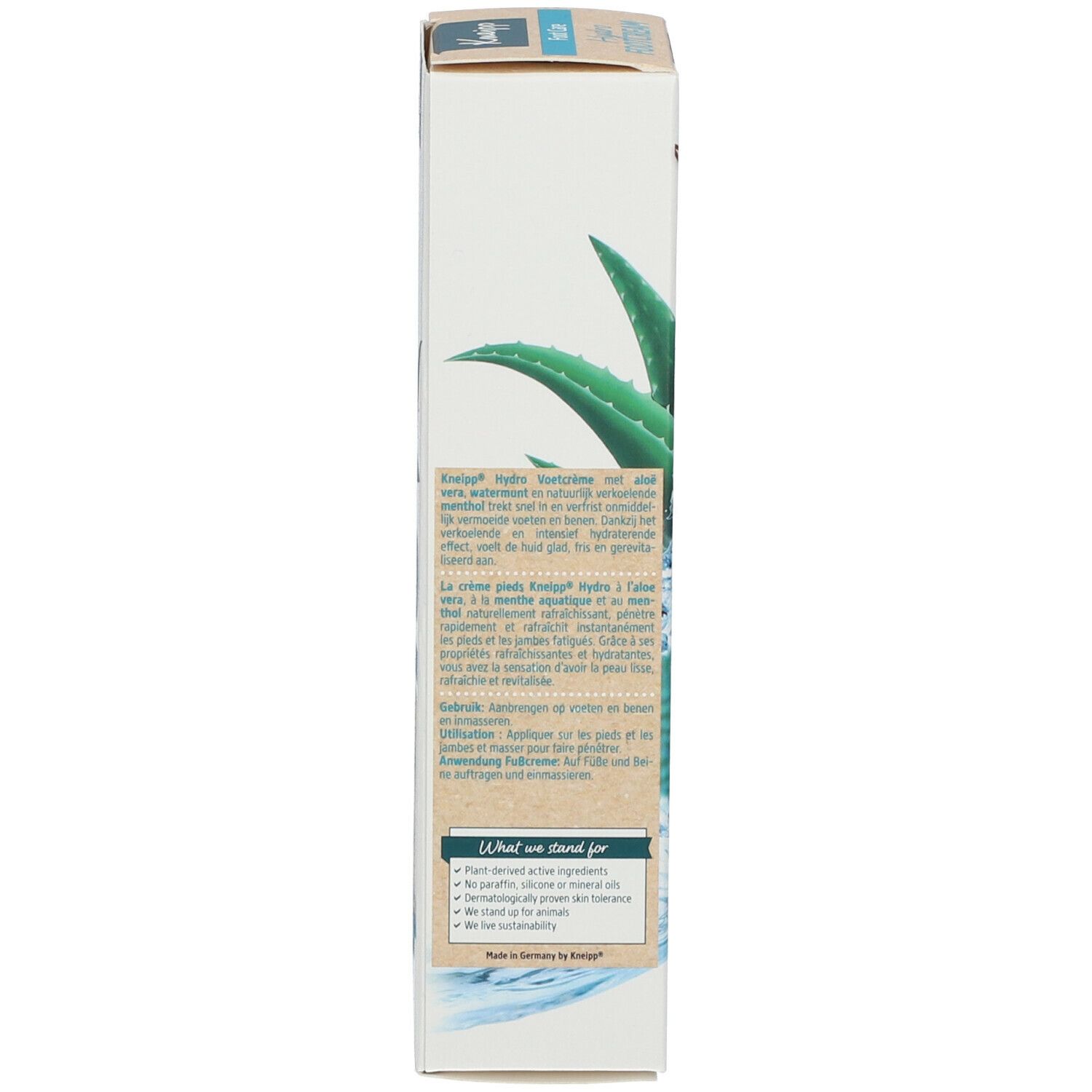 Vue latérale de l'emballage du produit. Texte: Kneipp, ingrédients, logo vegan, 75ml.