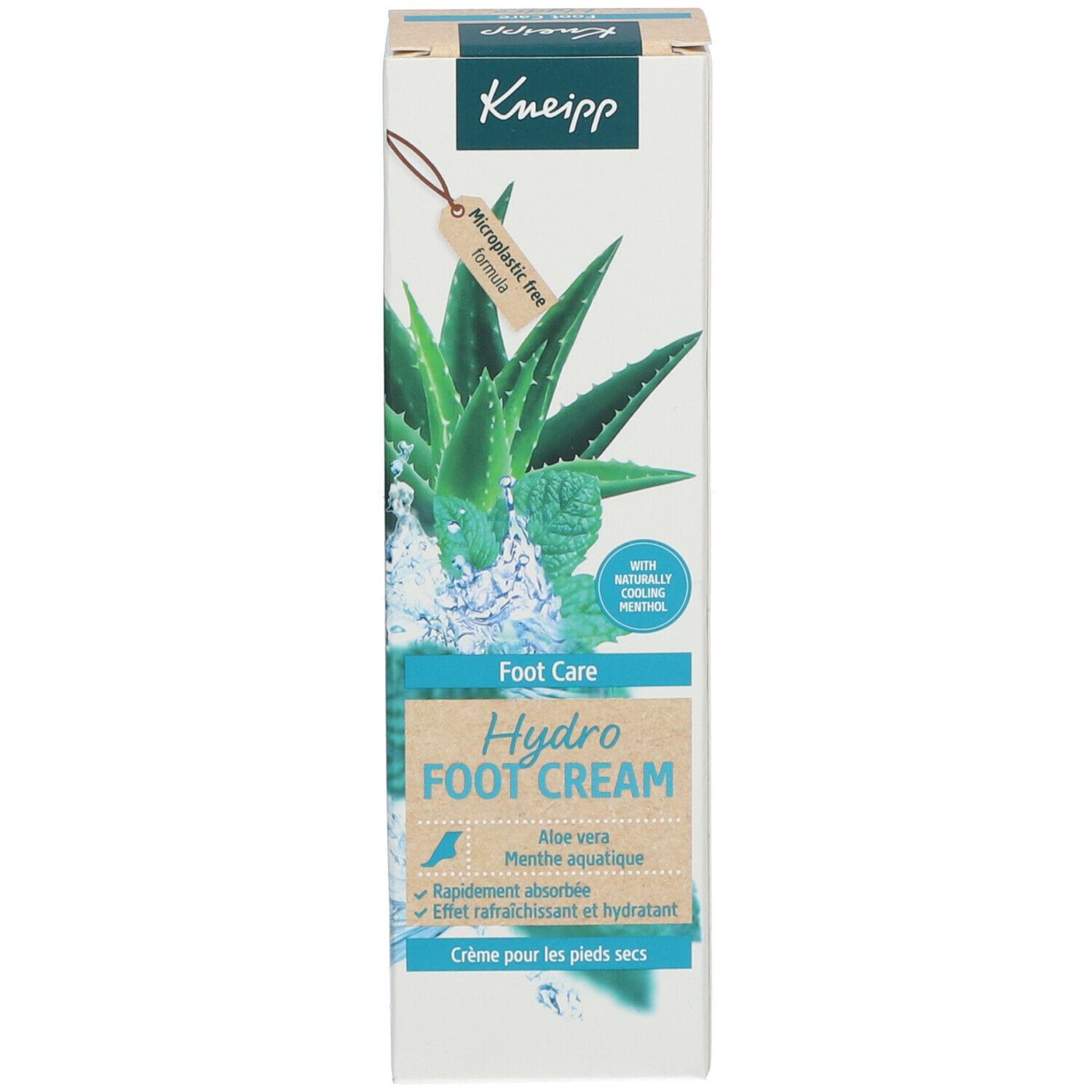 Emballage du produit. Texte: Kneipp, Hydro Foot Cream, Aloe vera, Menthe aquatique, formule sans microplastiques, menthol rafraîchissant naturel.