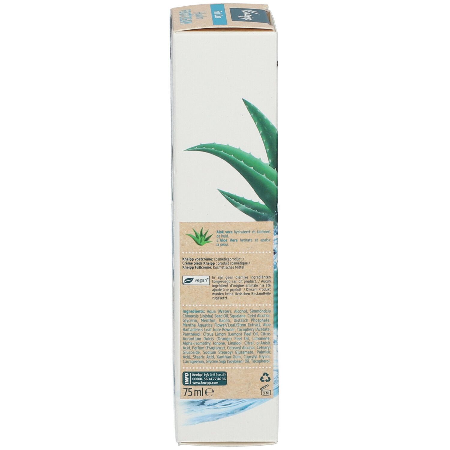 Vue latérale de l'emballage du produit. Texte: Kneipp, ingrédients, logo vegan, 75ml.