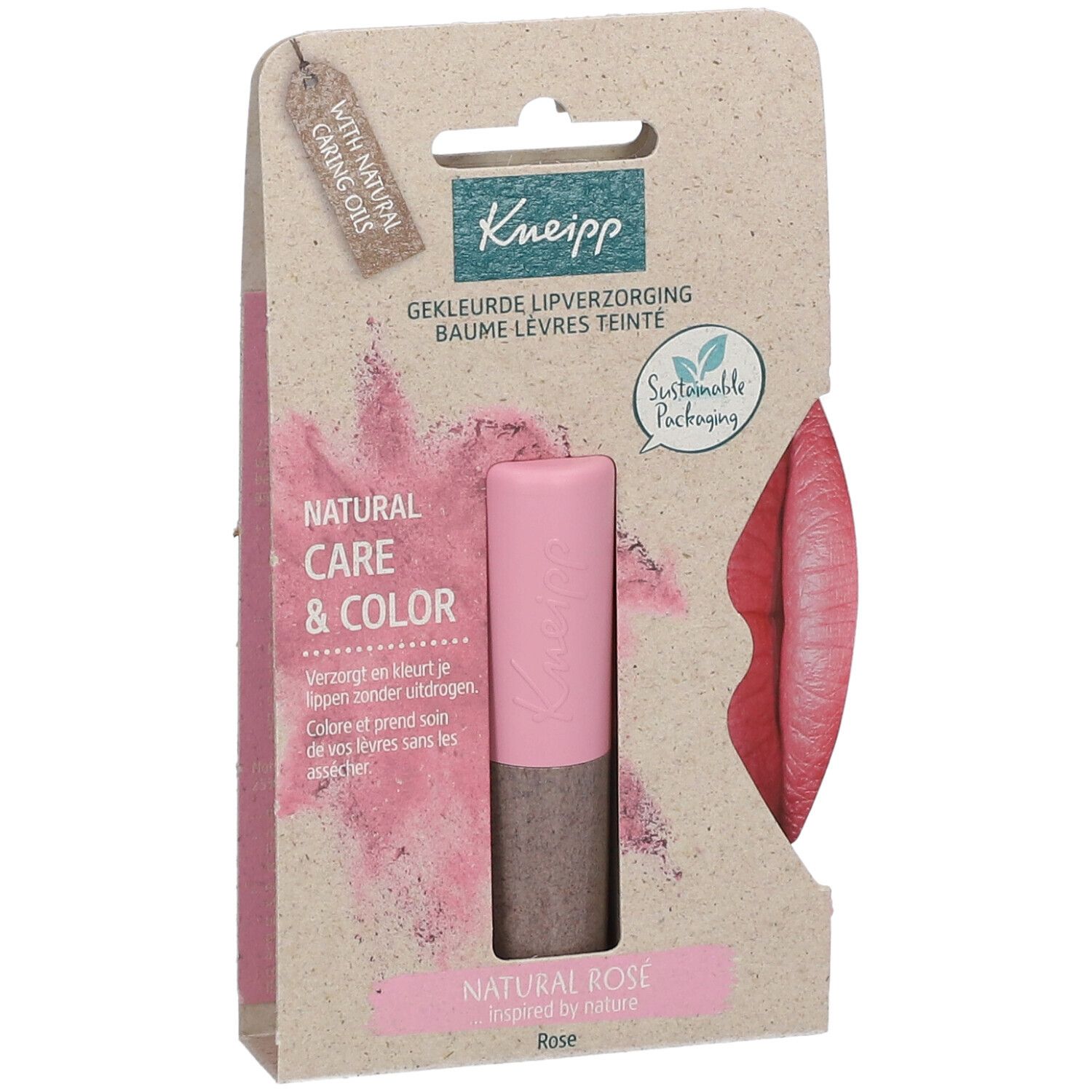 Stick à lèvres rose et marron dans un emballage en carton. Inscription : Kneipp, Natural Care & Color. Illustration de lèvres.