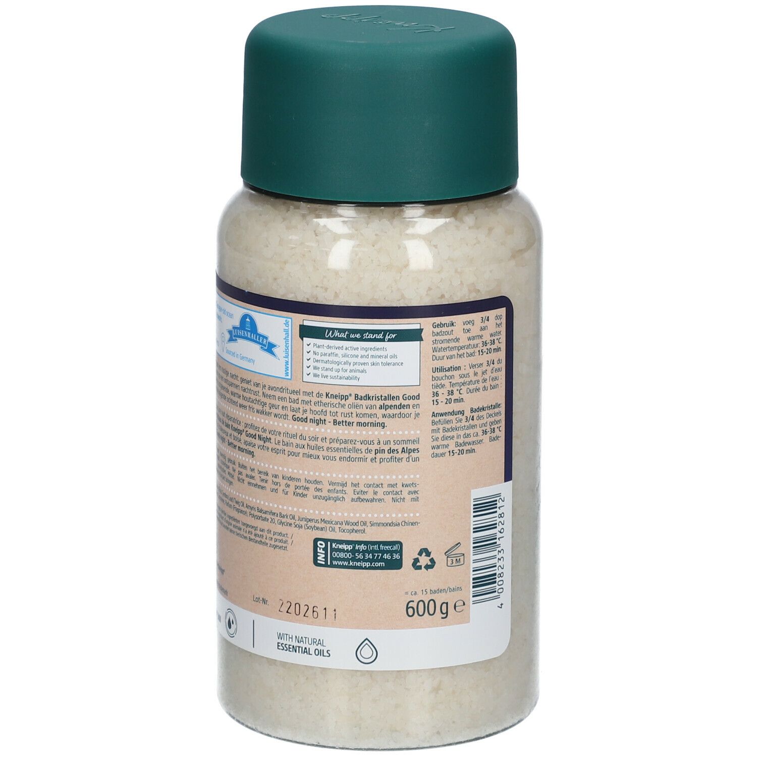 Dos du flacon de sels de bain. Texte et code-barres. Bouchon vert, flacon transparent. Logo Kneipp. 600g.