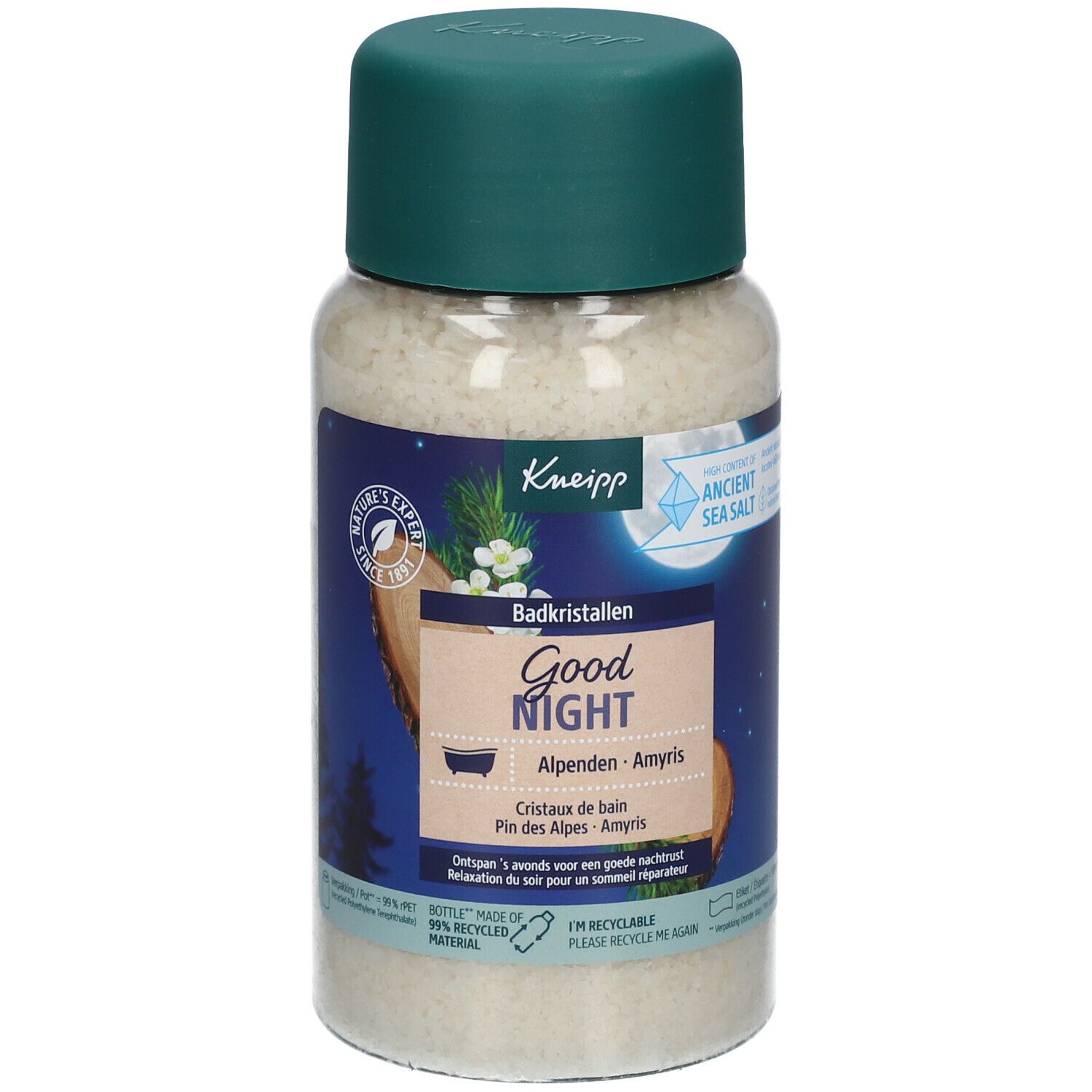 Flacon de sels de bain. Bouchon vert, flacon transparent. Inscriptions: Good Night, cristaux de bain, Alpen. Logo Kneipp.