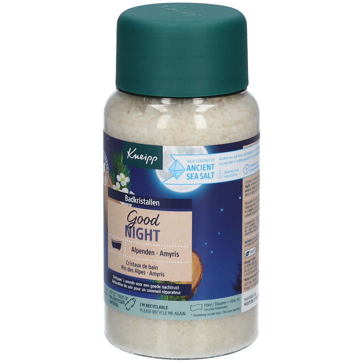 Flacon de sels de bain. Bouchon vert, flacon transparent. Inscriptions: Good Night, cristaux de bain, Alpen. Logo Kneipp.