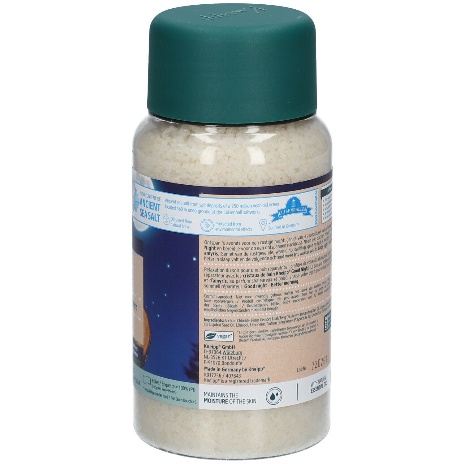 Dos du flacon de sels de bain. Texte et code-barres. Bouchon vert, flacon transparent. Logo Kneipp. Informations sur les ingrédients.