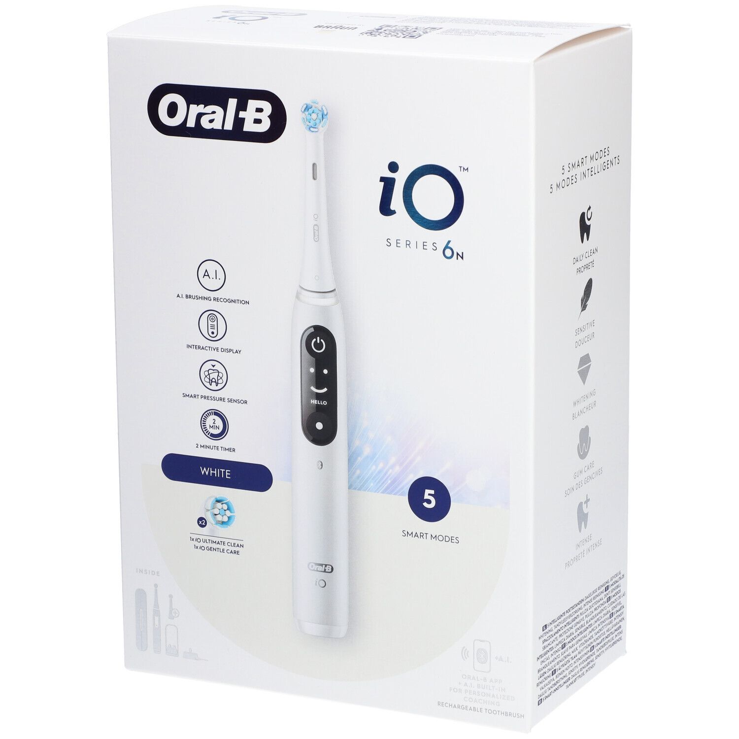 Brosse à dents électrique blanche Oral-B iO Series 6N dans son emballage. Nom du produit, 5 modes, reconnaissance de brossage IA.