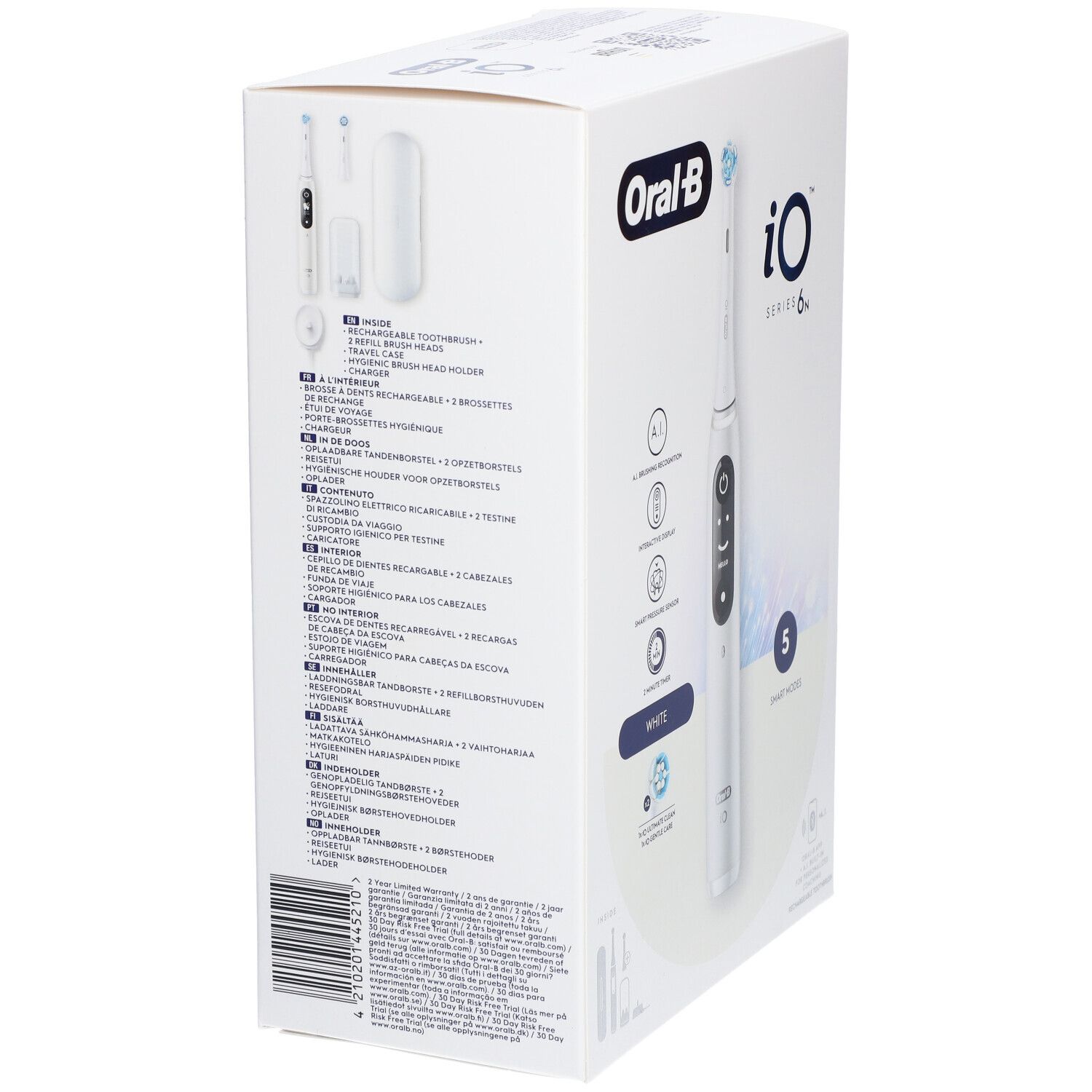 Emballage Oral-B iO Series 6N. Sur le côté : brosse à dents, étui de voyage, chargeur, 2 têtes. Texte multilingue.