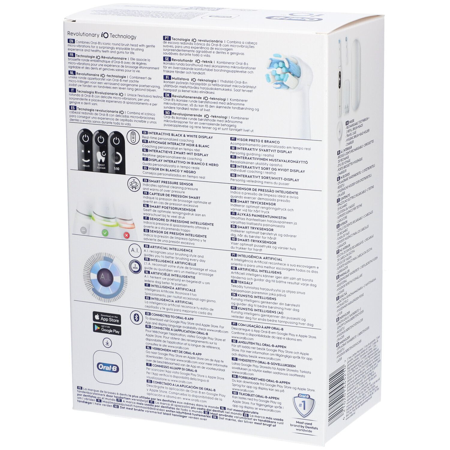 Dos de l'emballage Oral-B iO Series 6N. Texte multilingue. Graphiques sur la technologie et les fonctionnalités.