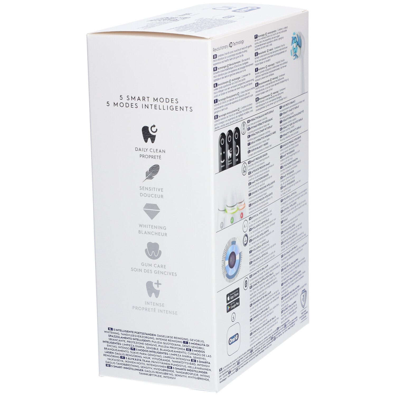 Emballage Oral-B iO Series 6N. Sur le côté : 5 modes, icônes des modes de nettoyage, logo de l'application, texte multilingue.