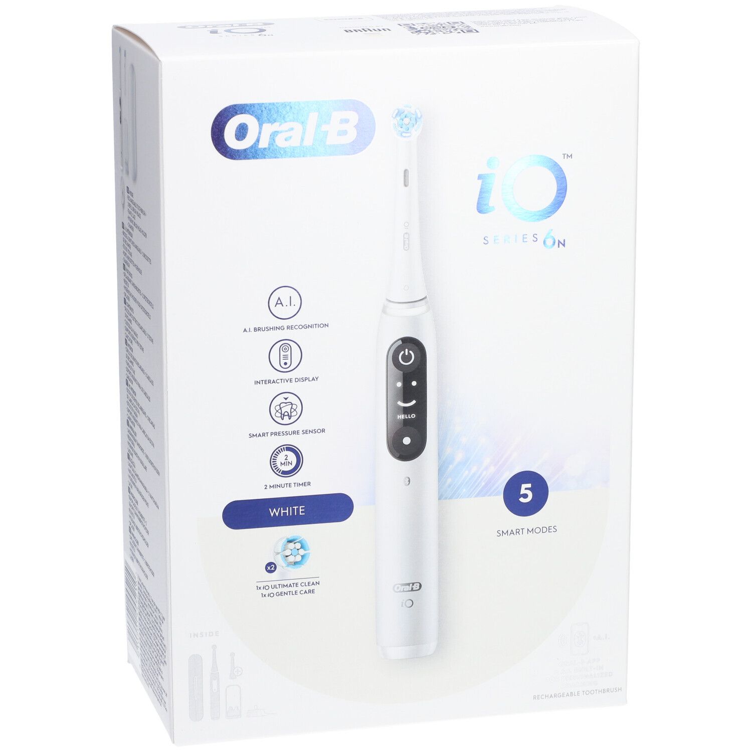 Brosse à dents électrique blanche Oral-B iO Series 6N dans son emballage. Nom du produit, 5 modes, reconnaissance de brossage IA.
