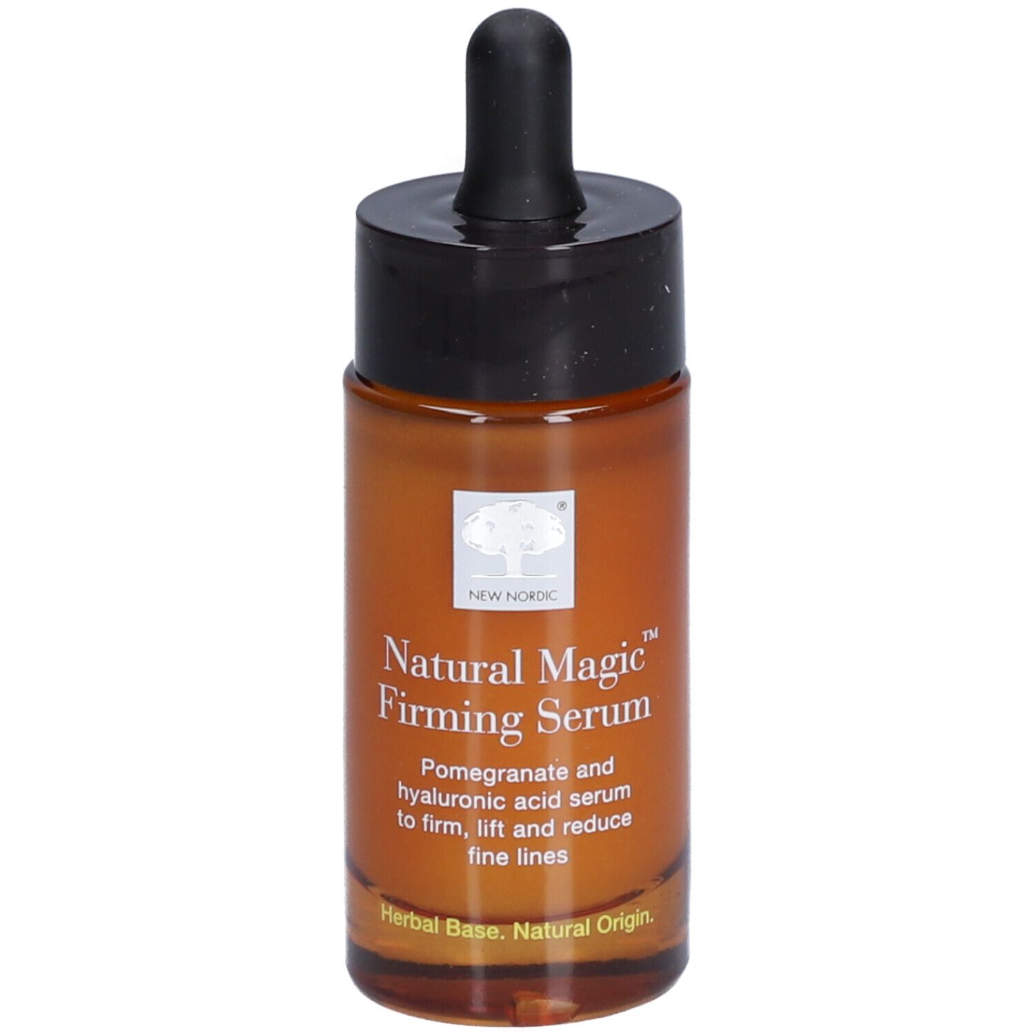 Flacon en verre brun avec bouchon noir et pipette. Inscription : Natural Magic Firming Serum.