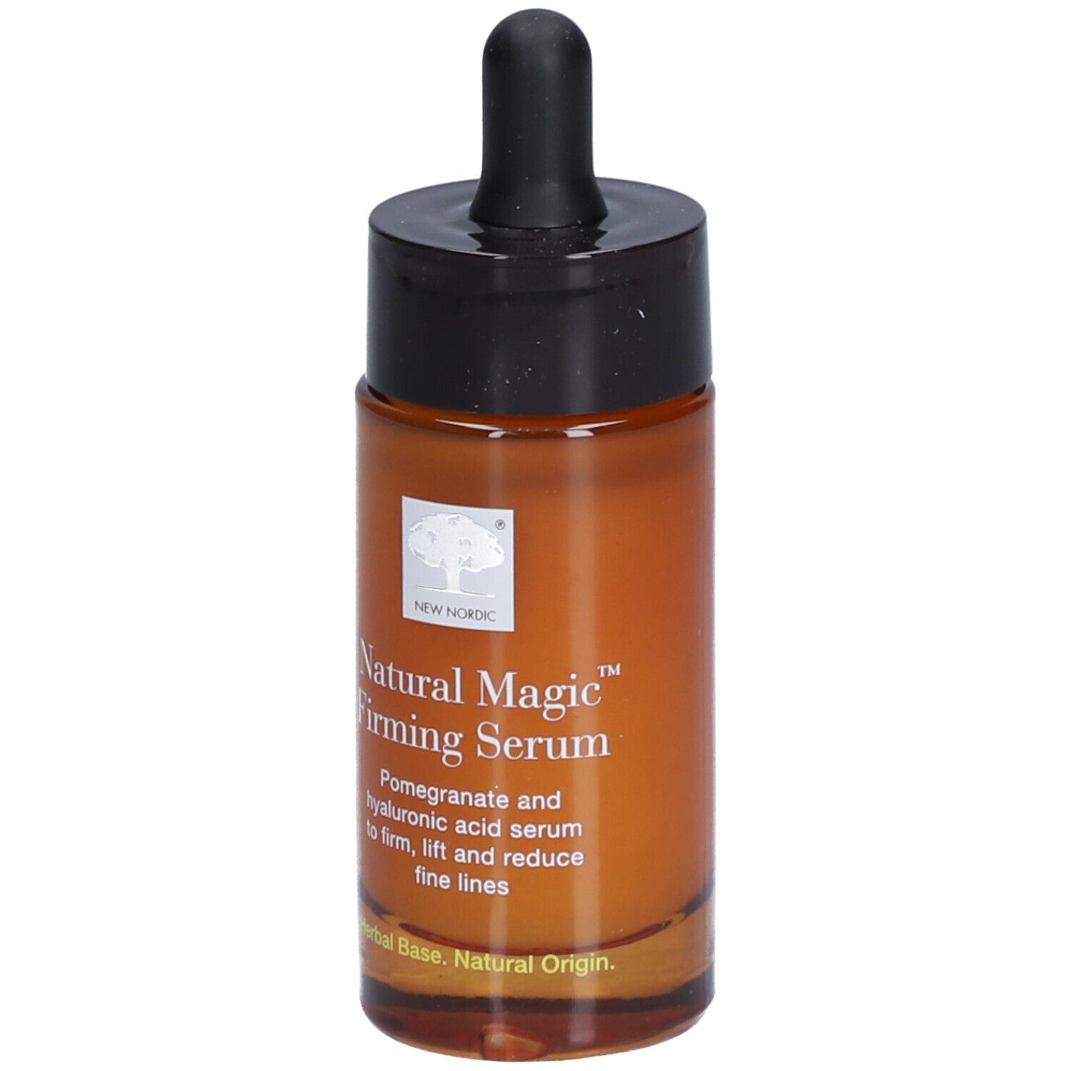 Flacon en verre brun avec bouchon noir et pipette. Inscription : Natural Magic Firming Serum.
