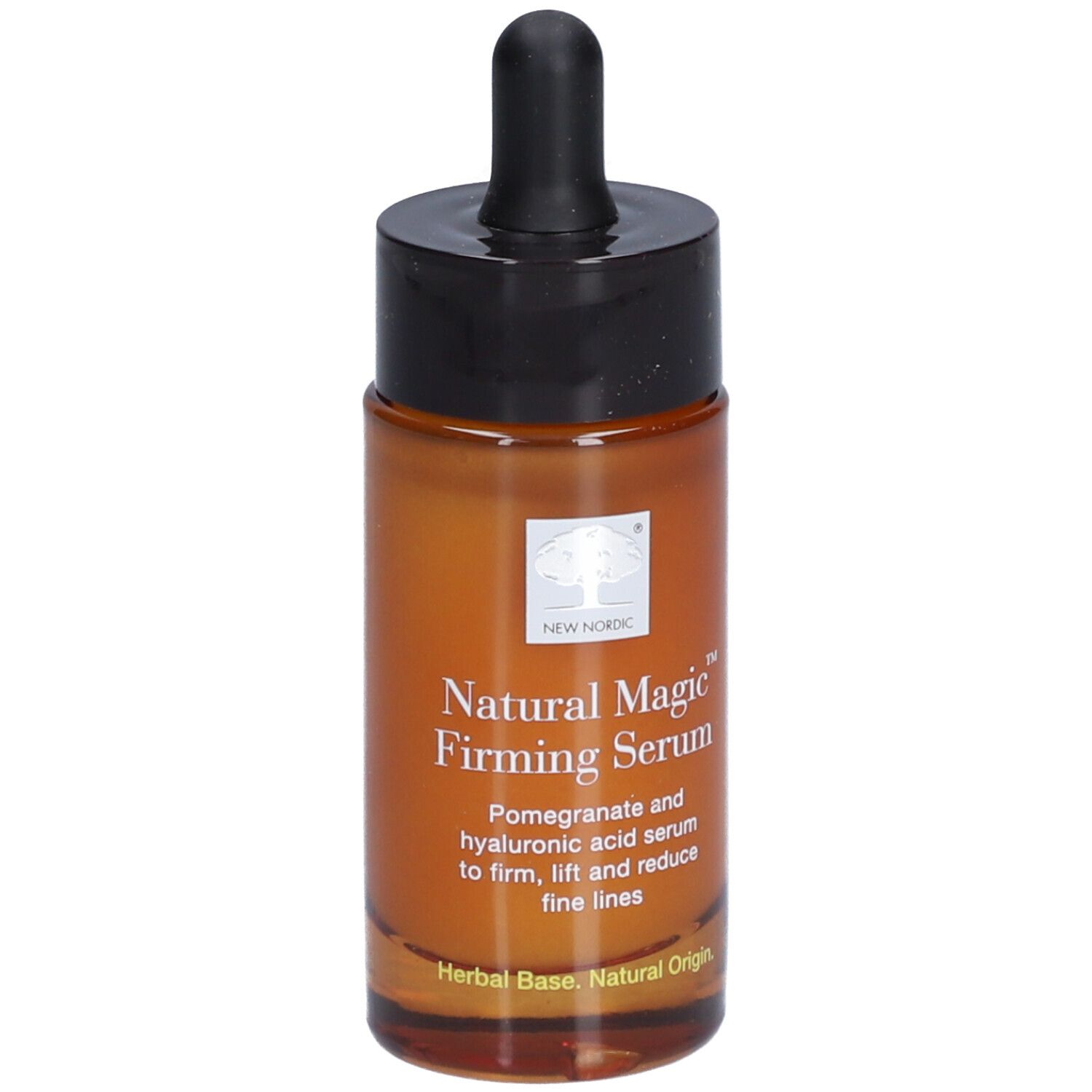 Flacon en verre brun avec bouchon noir et pipette. Inscription : Natural Magic Firming Serum.