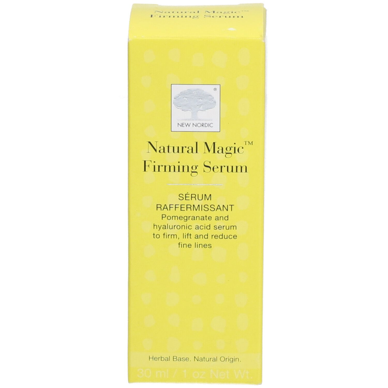 Emballage du produit jaune. Inscription : Natural Magic Firming Serum. Avec logo.