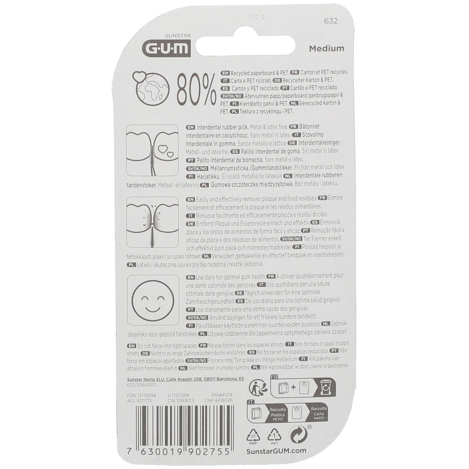 Rückseite der GUM Soft-Picks Original Verpackung. Text mit Produktinformationen und Piktogrammen.