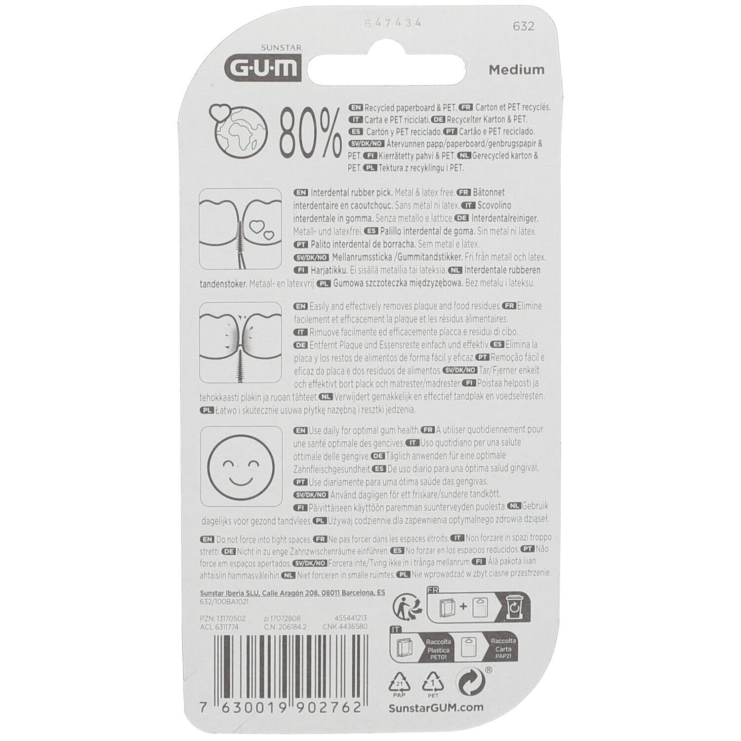 Rückseite der GUM Soft-Picks Original Verpackung. Informationen zu Material und Anwendung. Medium.