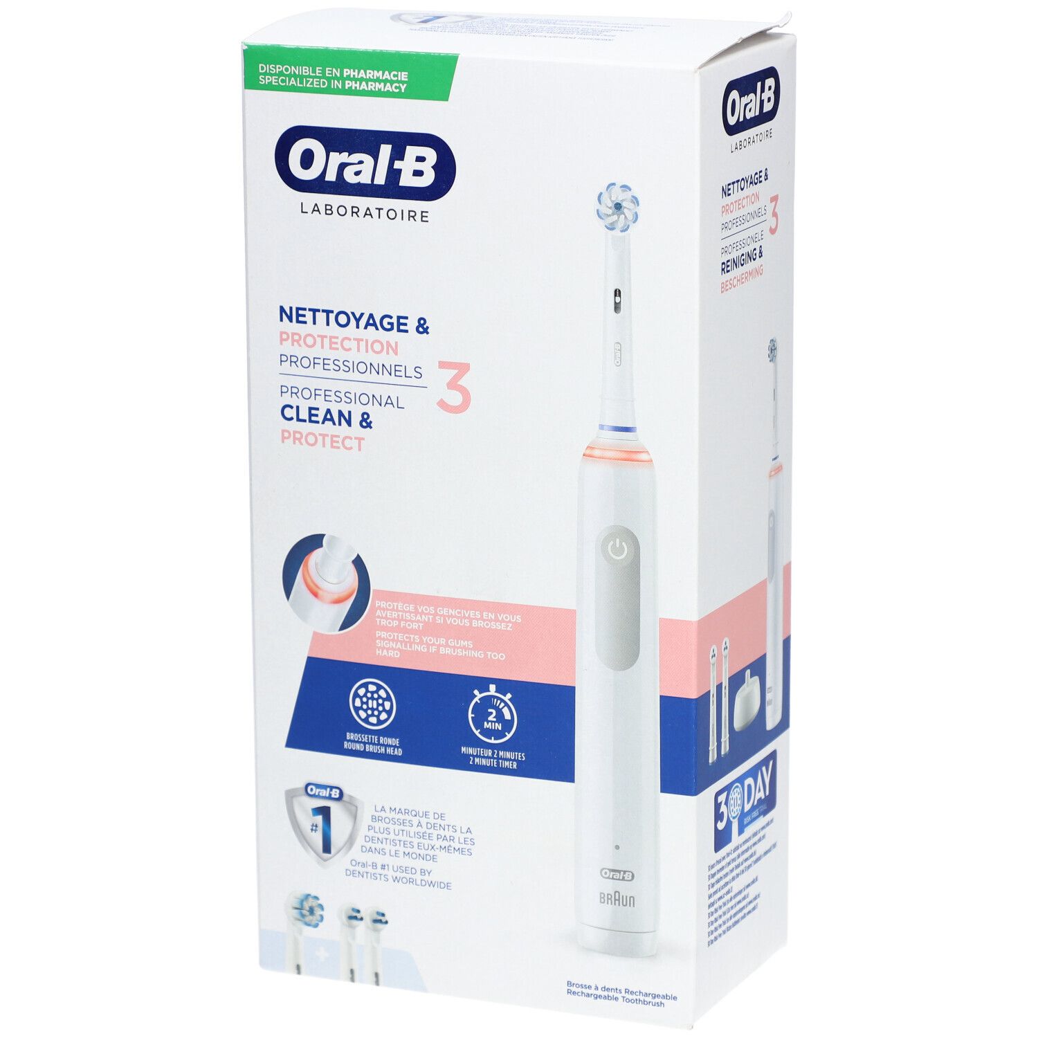 Brosse à dents dans son emballage. Corps blanc, détails roses. Texte: NETTOYAGE & PROTECTION PROFESSIONNELS, Oral-B.