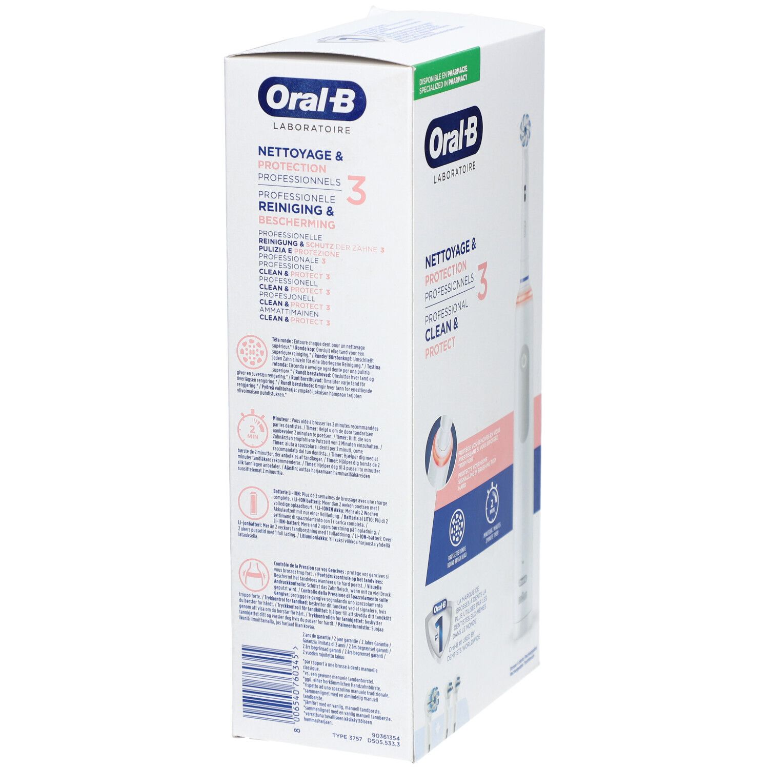 Emballage de la brosse à dents. Blanc, avec texte et graphiques. Texte: NETTOYAGE & PROTECTION PROFESSIONNELS, Oral-B.