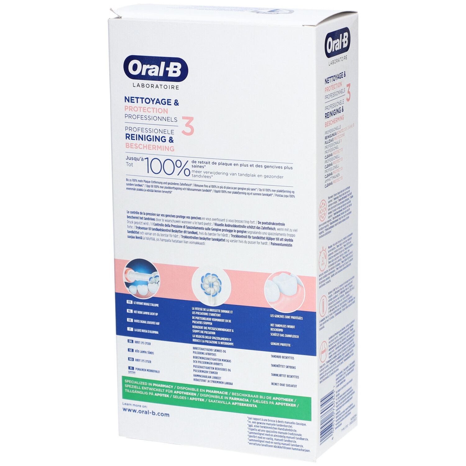 Dos de l'emballage. Blanc, avec texte et graphiques. Texte: NETTOYAGE & PROTECTION PROFESSIONNELS, Oral-B.