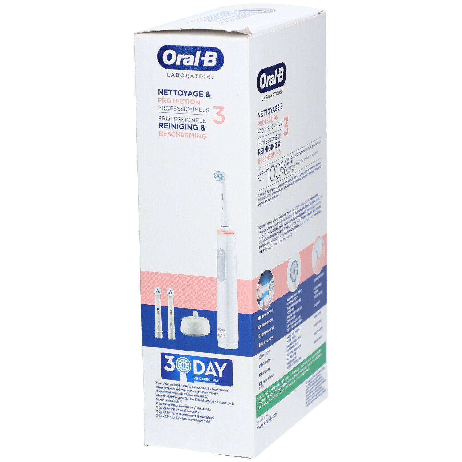 Brosse à dents dans son emballage. Blanc, détails roses. Accessoires visibles. Texte: NETTOYAGE & PROTECTION PROFESSIONNELS, Oral-B.