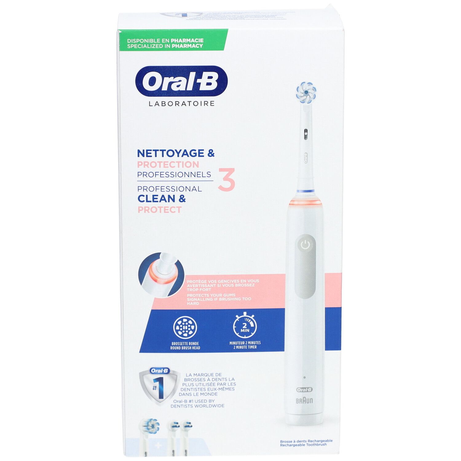 Brosse à dents dans son emballage. Blanc, détails roses. Texte: NETTOYAGE & PROTECTION PROFESSIONNELS, Oral-B. Accessoires.