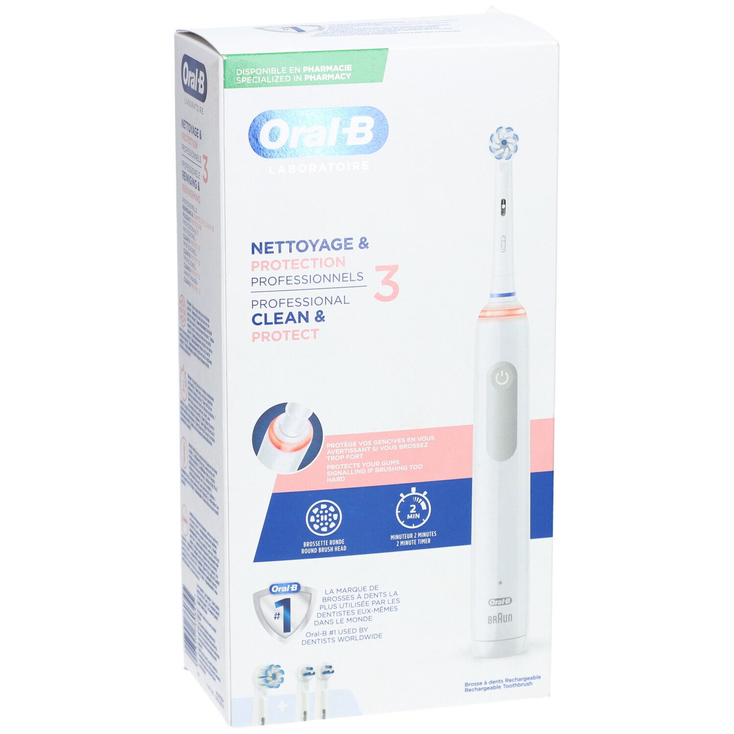 Brosse à dents dans son emballage. Blanc, détails roses. Texte: NETTOYAGE & PROTECTION PROFESSIONNELS, Oral-B. Accessoires.