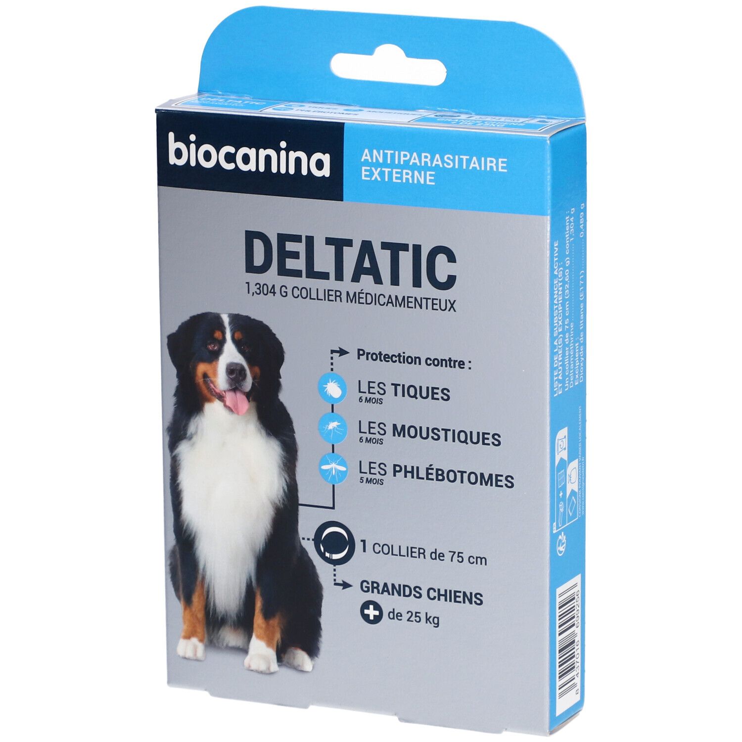 Boîte Deltatic, 1,304 g, pour grands chiens. Contient un collier de 75 cm. Protège contre les tiques, moustiques et phlébotomes.