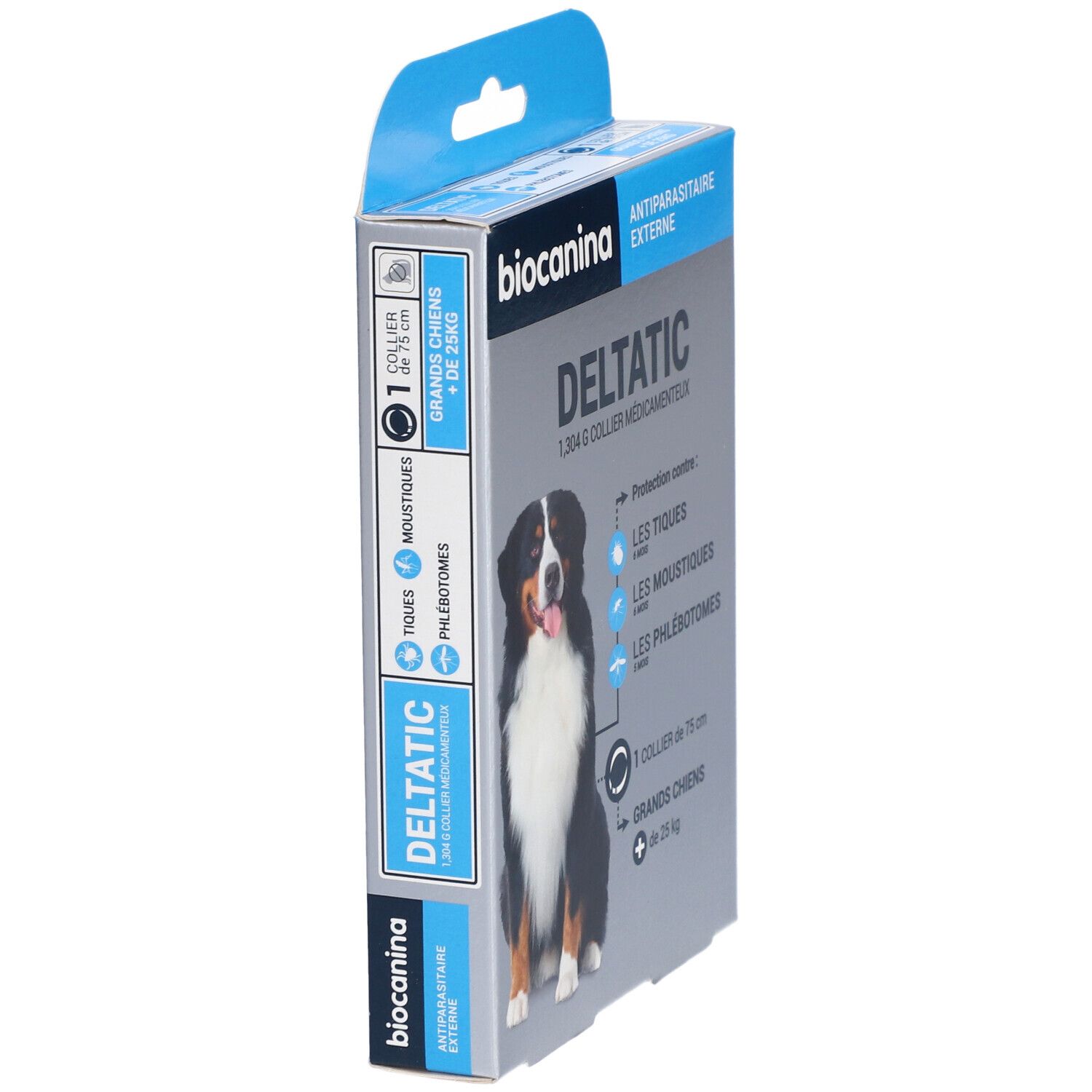Vue latérale de la boîte Deltatic. Contient un collier pour grands chiens. Affiche logos et informations produit en français.