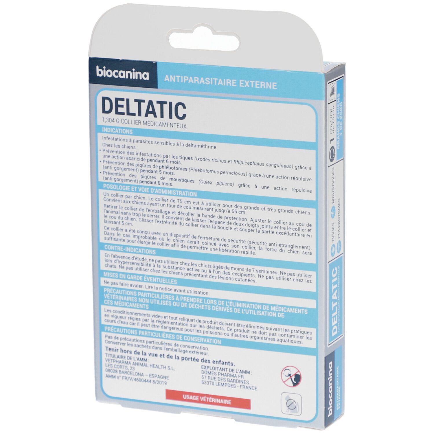 Dos de la boîte Deltatic. Contient des informations d'utilisation et des avertissements en français.