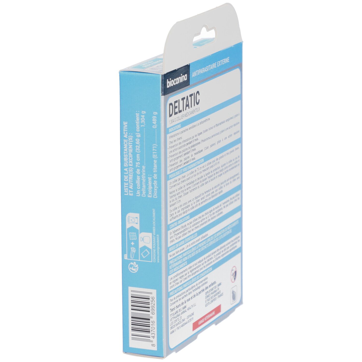 Vue latérale de la boîte Deltatic. Contient des informations sur le produit et les ingrédients en français.