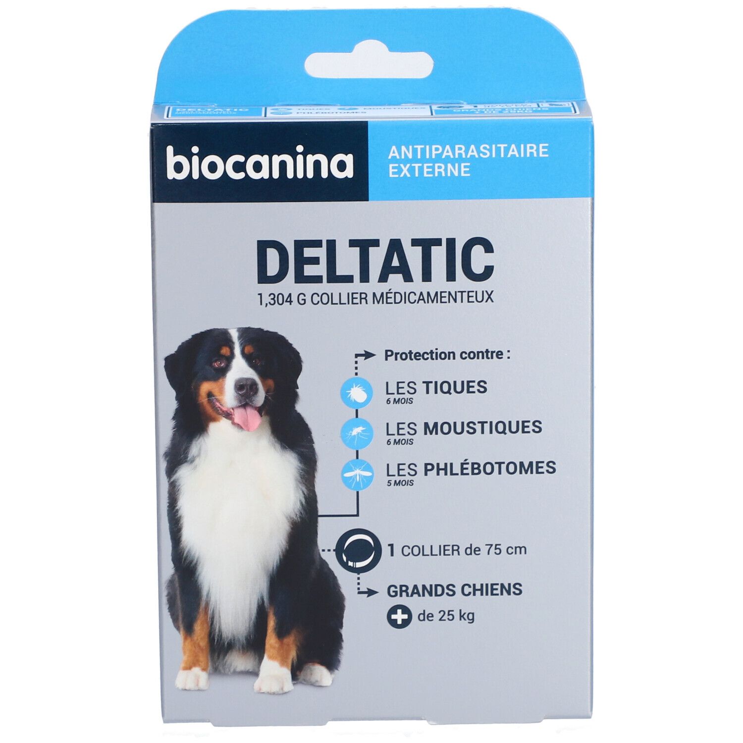 Boîte Deltatic, 1,304 g, pour grands chiens. Contient un collier de 75 cm. Protège contre les tiques, moustiques et phlébotomes.