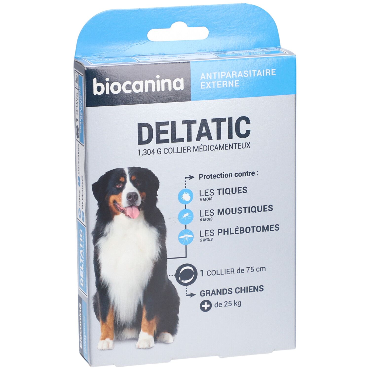 Boîte Deltatic, 1,304 g, pour grands chiens. Contient un collier de 75 cm. Protège contre les tiques, moustiques et phlébotomes.
