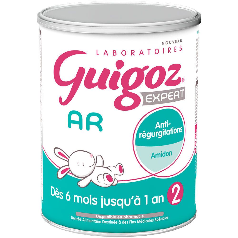 Boîte de lait en poudre "Guigoz AR", avec "Anti-régurgitations" et "Amidon". Pour bébés de 6 mois et plus.