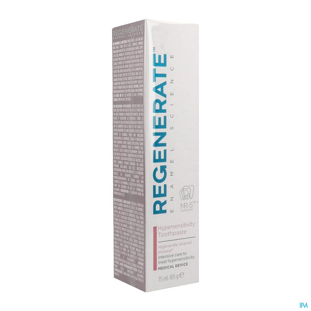 Tube de dentifrice blanc. Inscription bleue: REGENERATE. Texte: Hypersensibilité Toothpaste. Dispositif médical.