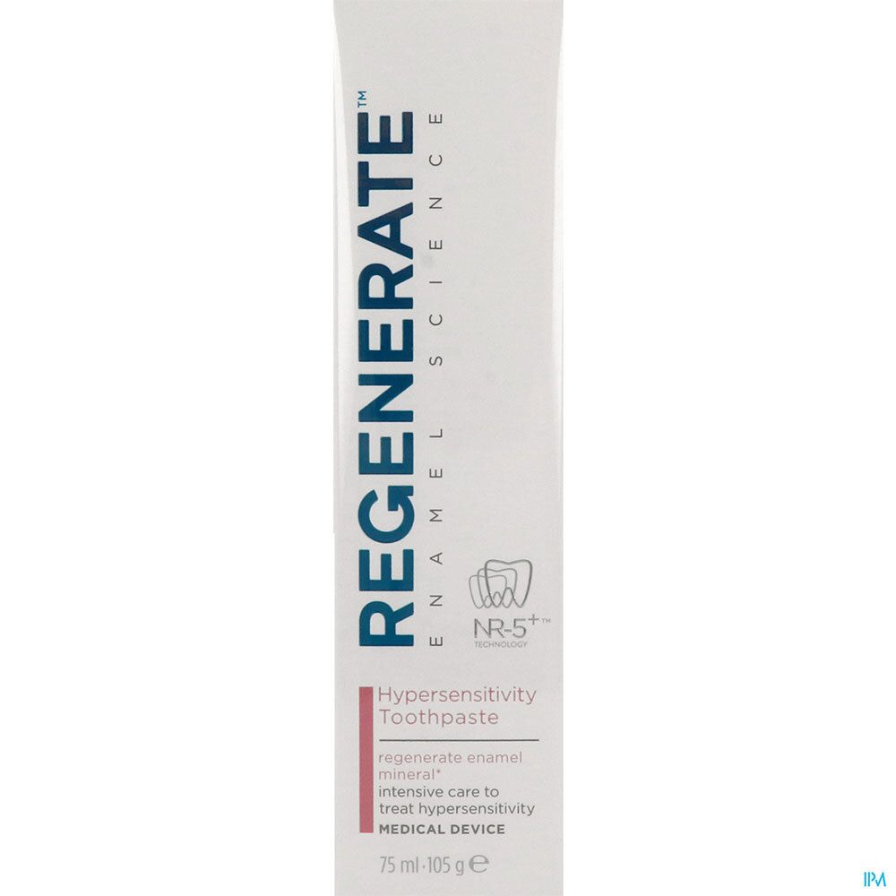 Gros plan sur le tube blanc. Inscription bleue: REGENERATE. Texte: Hypersensibilité Toothpaste. Dispositif médical. Logo NR-5+.