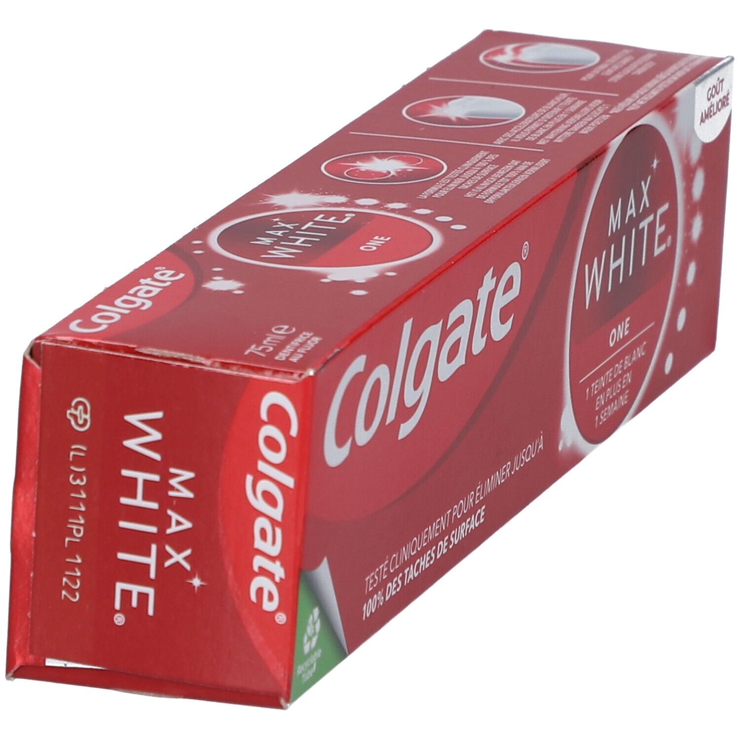 Rote Verpackung von Colgate Max White One Zahnpasta. Text: Max White One. 75ml. Grüne Ecke.