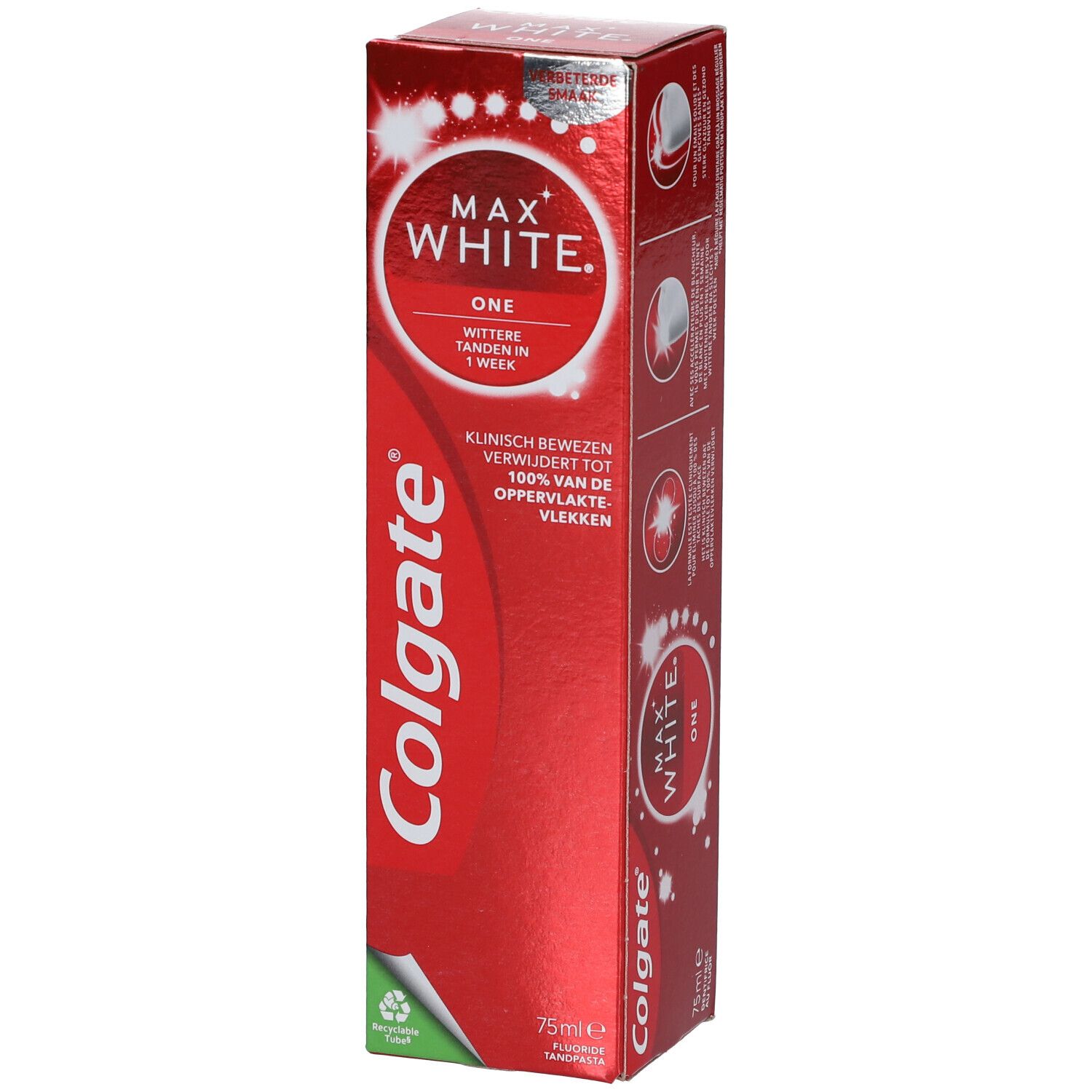 Rote Verpackung von Colgate Max White One Zahnpasta. Text: Max White One. 75ml. Klinisch bewiesen.