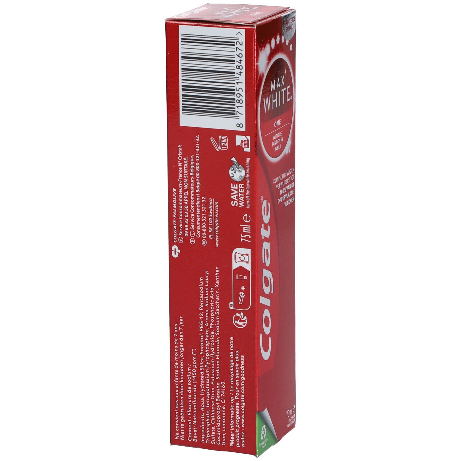 Rote Verpackung von Colgate Max White One Zahnpasta. Text: 75ml. Colgate Logo. Informationen.
