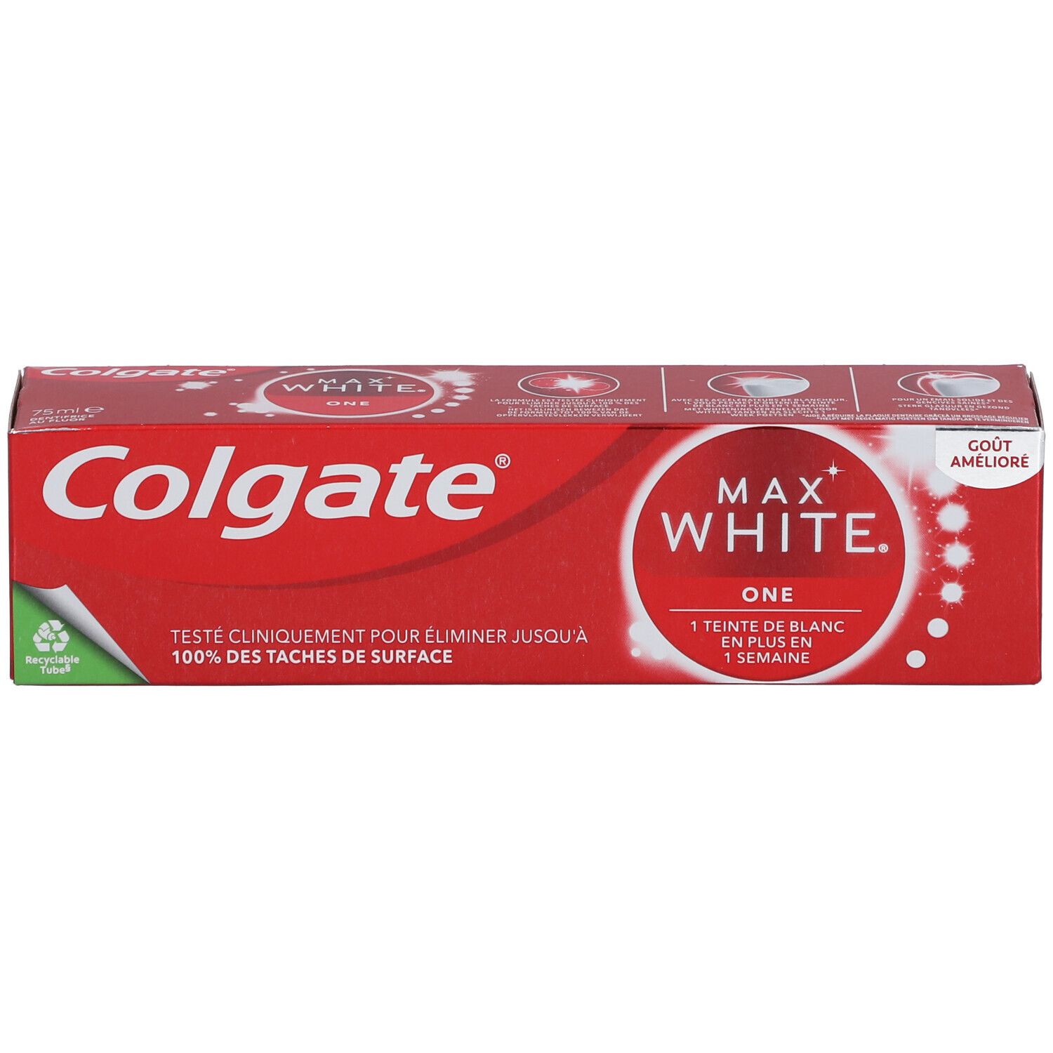 Rote Verpackung von Colgate Max White One Zahnpasta. Text: Max White One. 100% der Flecken entfernen. Grüner Ecke.