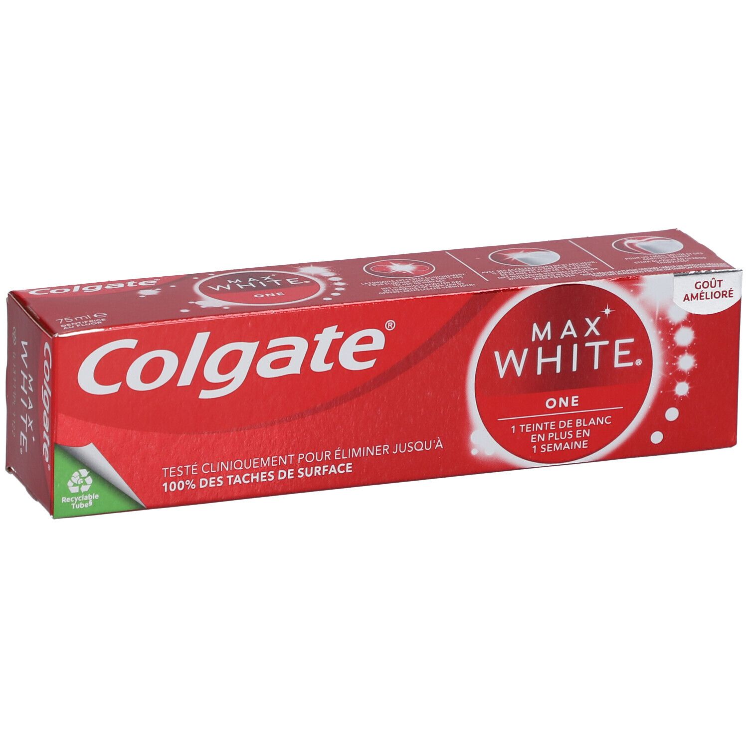 Rote Verpackung von Colgate Max White One Zahnpasta. Text: Max White One. 100% der Flecken entfernen. Grüner Ecke.