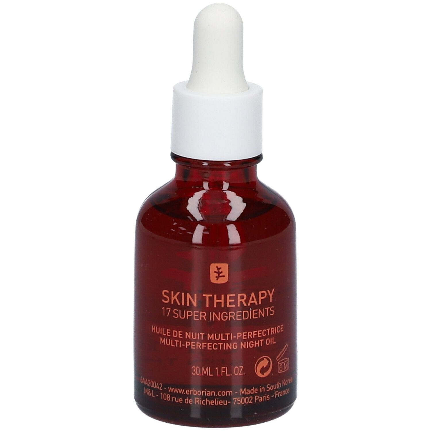 Flacon en verre brun avec bouchon et pipette blancs. Inscription : Skin Therapy, 17 Super Ingredients, 30 ml.