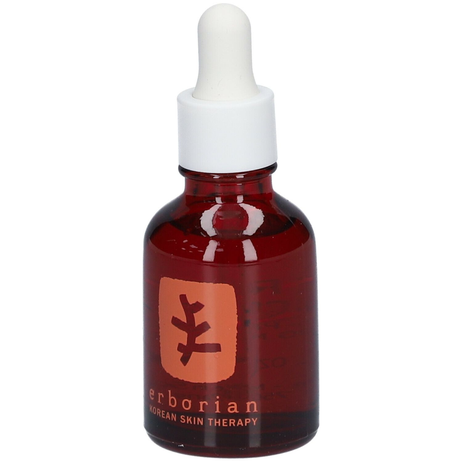 Flacon en verre brun avec bouchon et pipette blancs. Inscription : erborian, korean skin therapy.