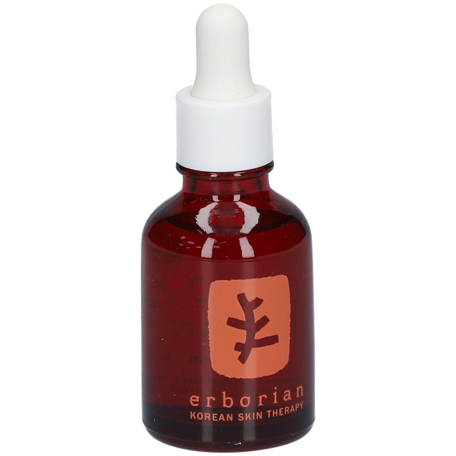 Flacon en verre brun avec bouchon et pipette blancs. Inscription : erborian, korean skin therapy.