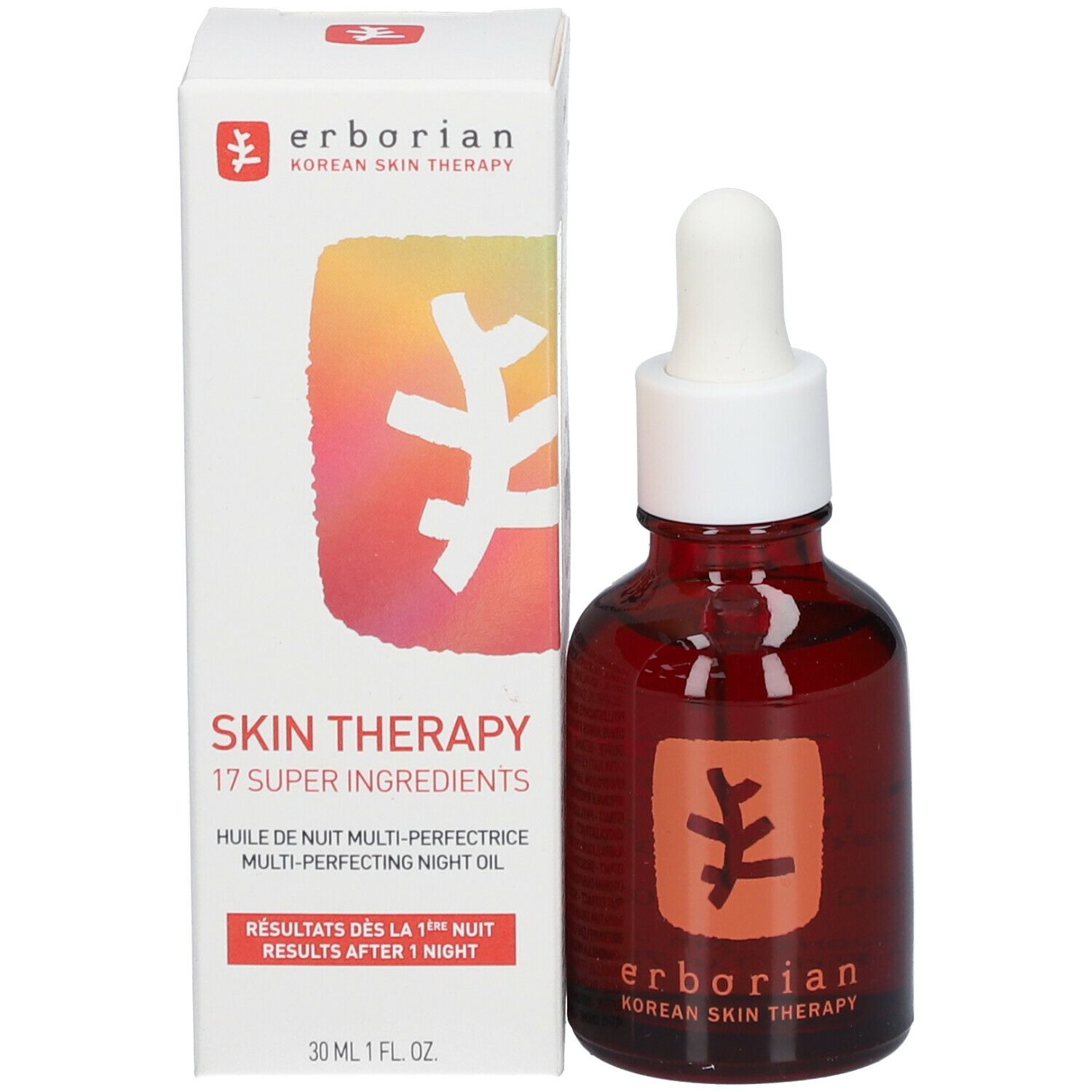 Flacon et emballage. Flacon : brun, bouchon blanc, pipette. Emballage : blanc, inscription : Skin Therapy.