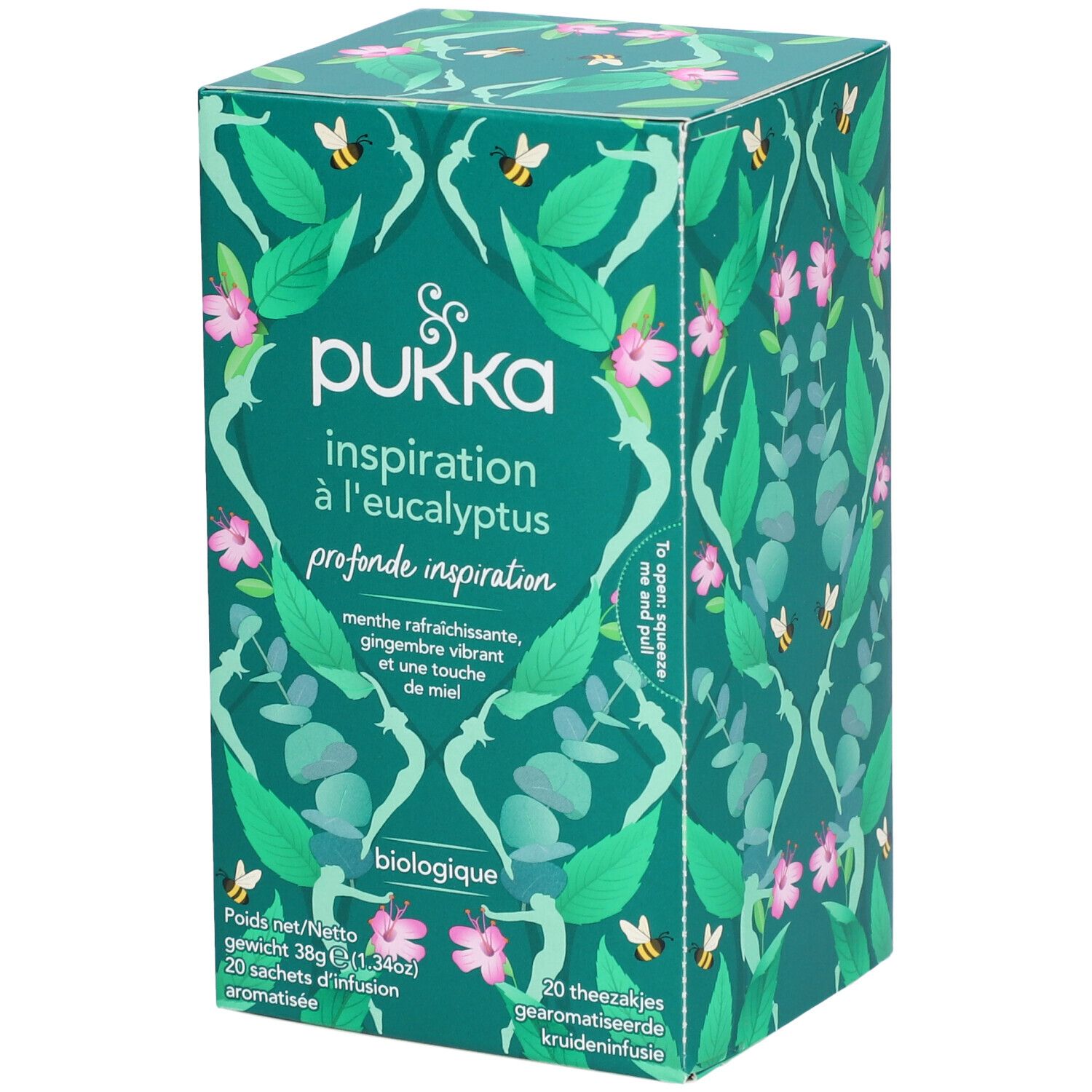 Boîte en carton verte avec motifs floraux et abeilles. Inscription : Pukka, Inspiration à l'eucalyptus, biologique. 20 sachets.
